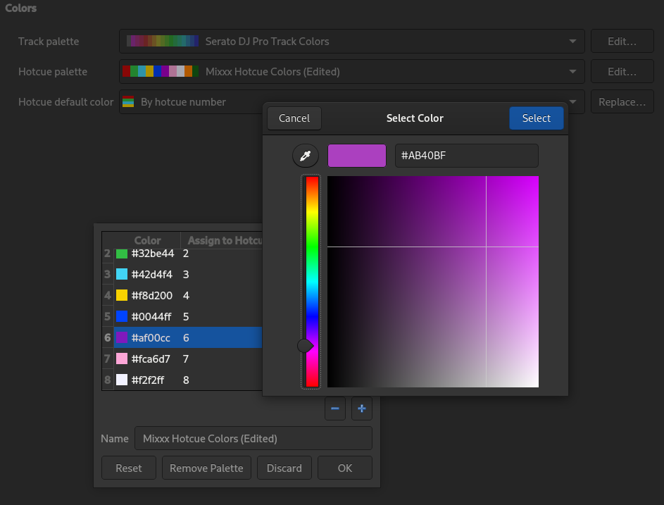 Hotcue color palette editor