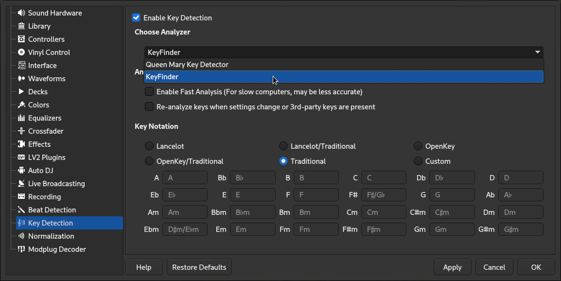 KeyFinder option in the Key Detection preferences