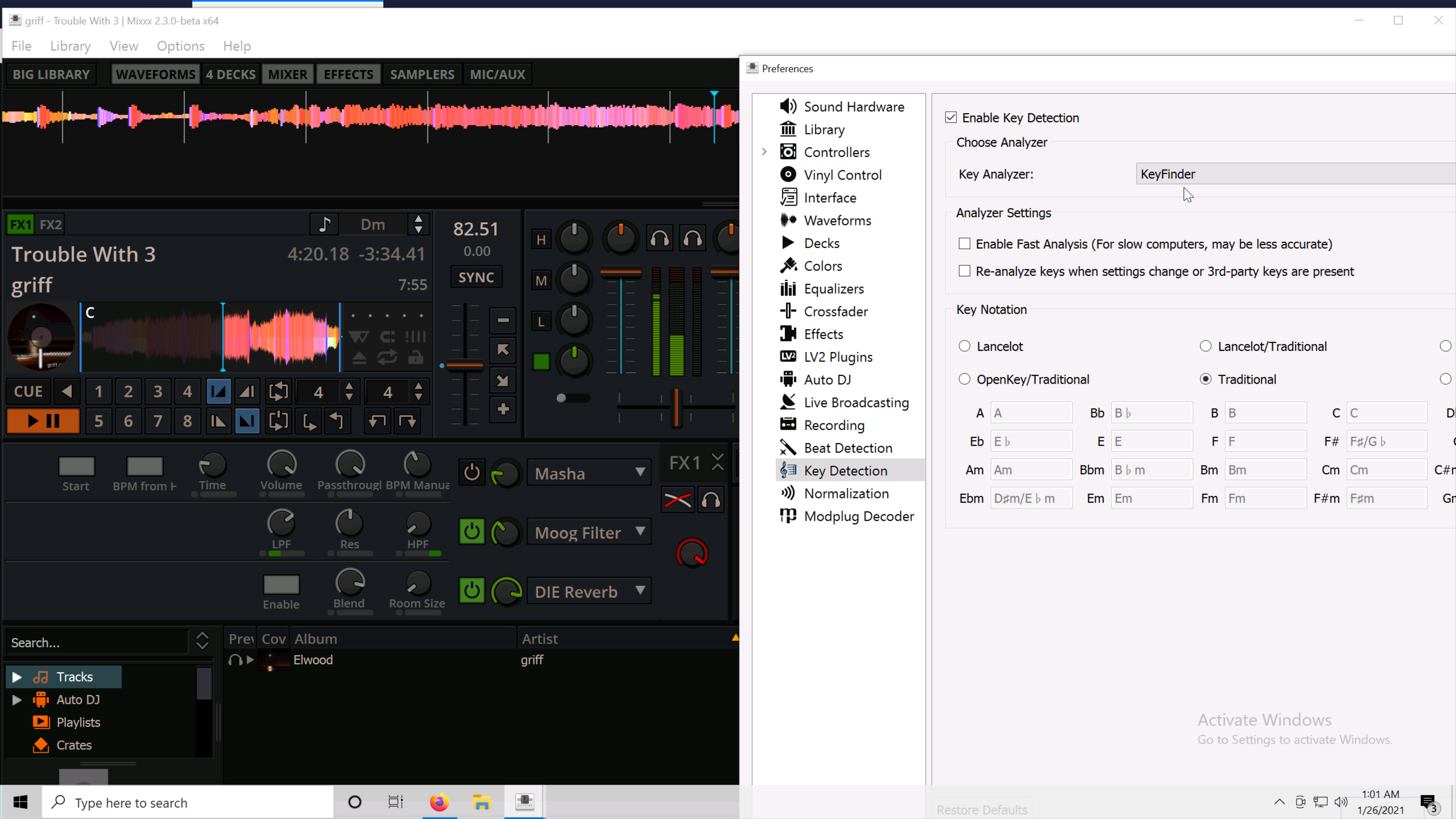 Screenshot showing Mixxx with LV2 plugins, module tracker support, and KeyFinder support